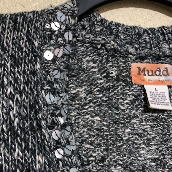 Mudd Sweater Cardigan L Black White Sequin Stretchy Front Buttons Pockets Cotton - Picture 10 of 16